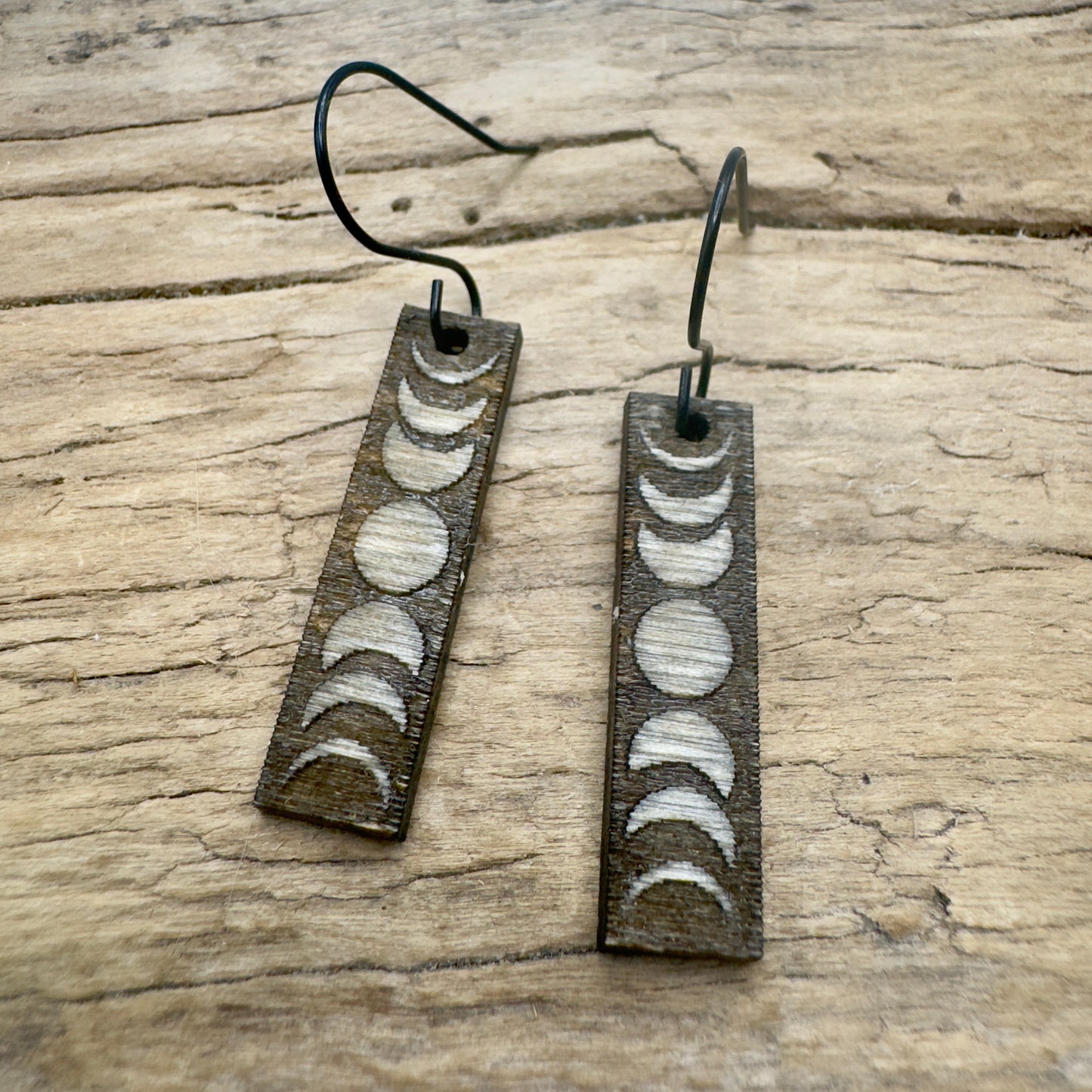 Mystical Phases: Natural Dyed Birchwood Bar Moon Phases Dangle Earrings - Nordland Tides Laser Engraving & Gifts in the Pacific Northwest
