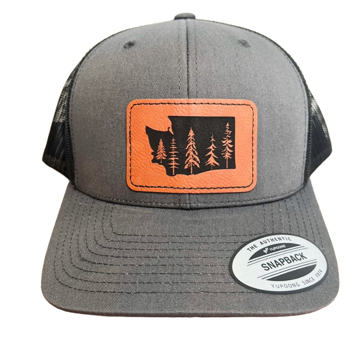 Washington State Trucker Hat With Cedar and Pine Trees - Charcoal / Black - Nordland Tides Laser Engraving & Gifts in the Pacific Northwest