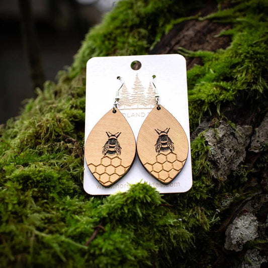 Bee Honeycomb Light Weight Wooden Earrings