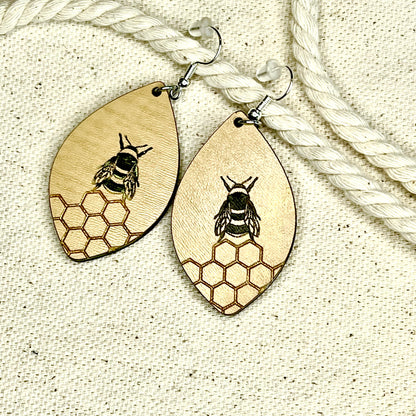 Bee Honeycomb Light Weight Wooden Earrings