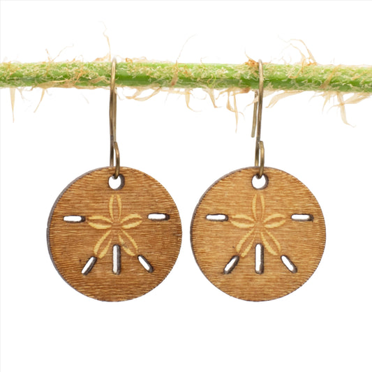 Sandy Shores: Sand Dollar Earrings with Antique Brass Findings, Birchwood, Laser Engraved & Naturally Dyed