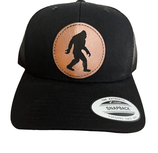 Bigfoot Sasquatch Trucker Snap Back Hat Dark Brown / Black Round Patch Baseball Cap