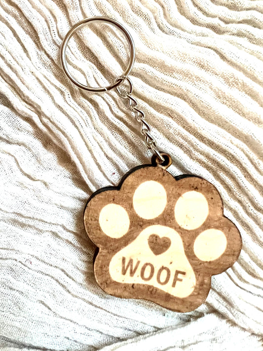 Dog Lover Keychain - Wood Woof Dog Paw